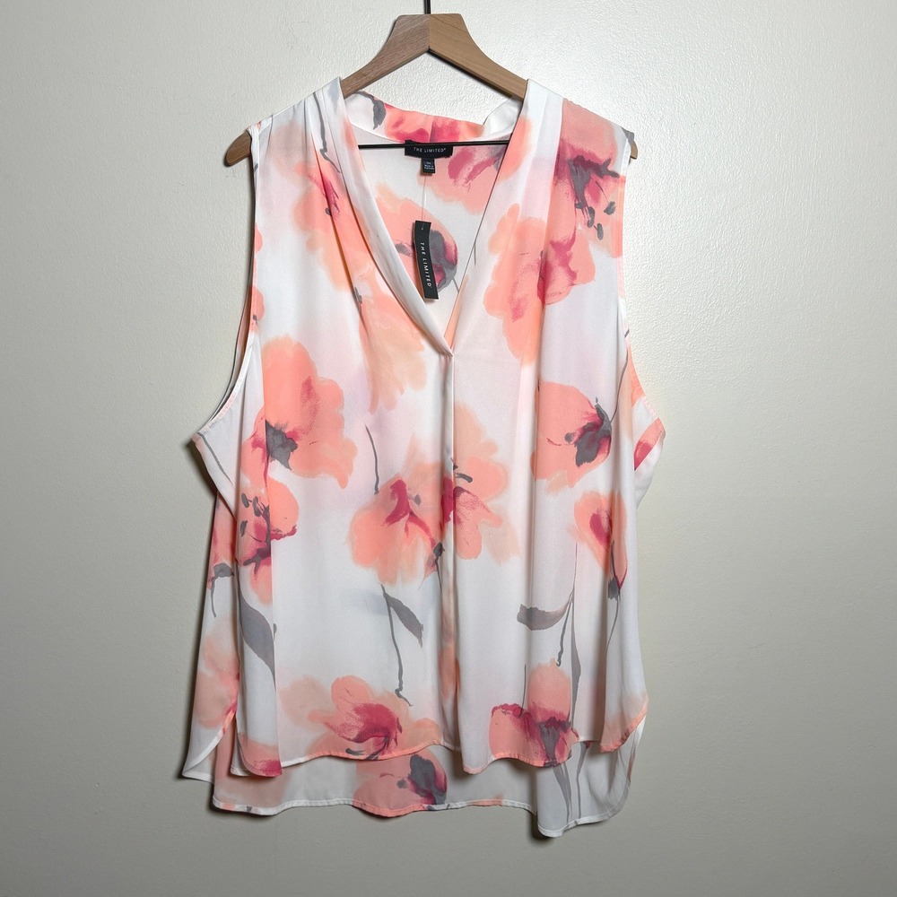 The Limited Floating Blooms Floral Sleeveless V-Neck Blouse White Peach 3X NEW